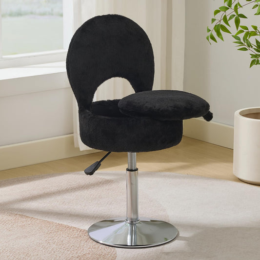 RUCUKEN Small Black Vanity Stool Chair with Storage Ottoman Adjustable Vanity Chair with Folding Back, Makeup Ottoman Stool for Vanity Chrome Finish