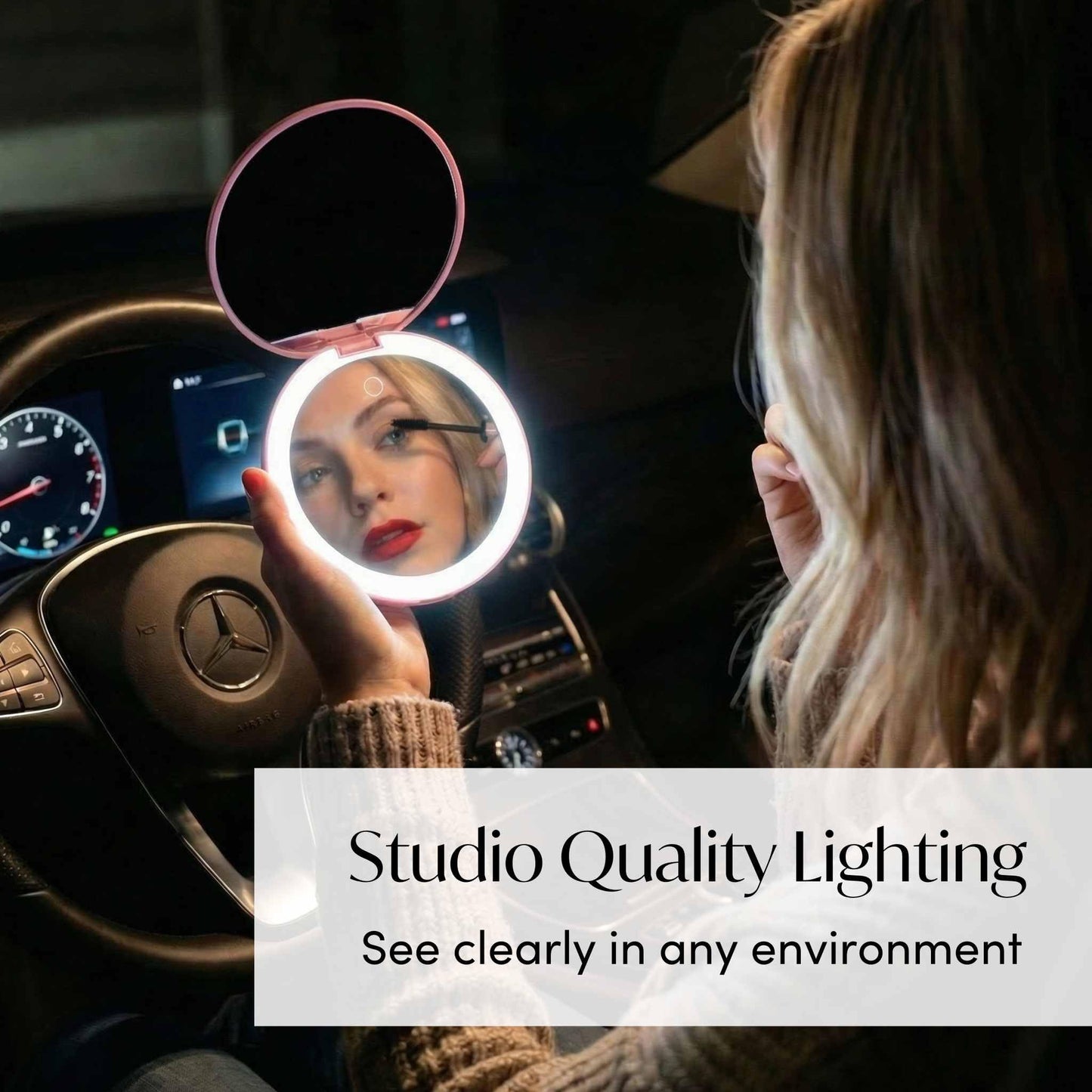 Fancii Taylor LED Lighted Travel Makeup Mirror, Rechargeable with 10x/1x Magnifying & 3 Light Settings - Compact, Portable, Large 5” Wide Hand Mirror for Handbag and Purses (Black)