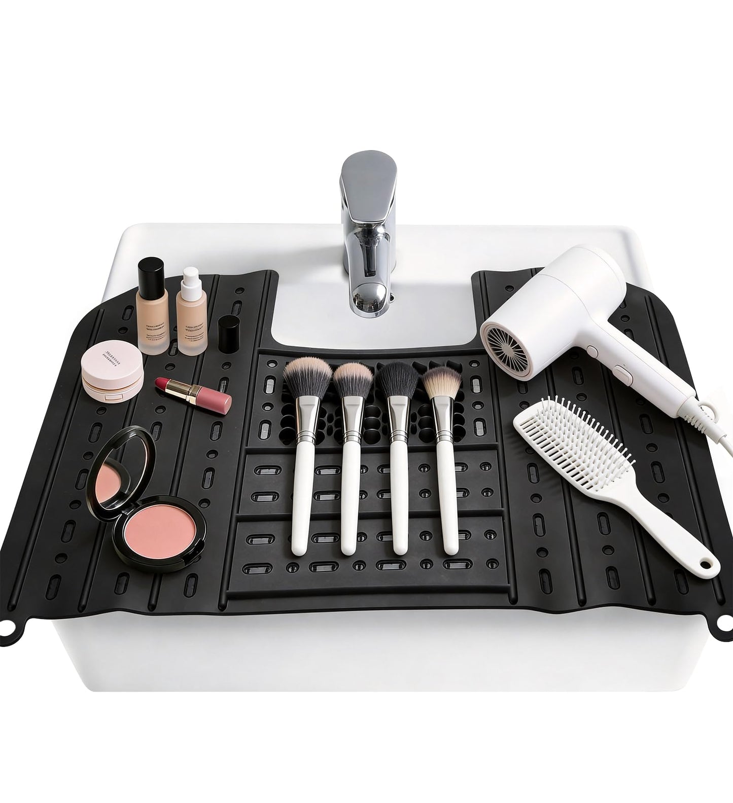 Johamoo Bathroom Sink Cover for Counter Space, Foldable Sink Mat, Silicone Makeup Brush Cleaning Mat Tools Organizer Space Saver, Small Bathroom & RV Camper Travel Must Haves Accessories, Black