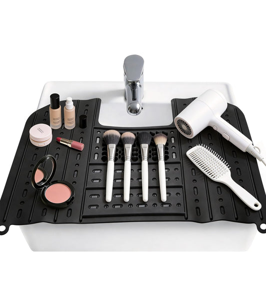 Johamoo Bathroom Sink Cover for Counter Space, Foldable Sink Mat, Silicone Makeup Brush Cleaning Mat Tools Organizer Space Saver, Small Bathroom & RV Camper Travel Must Haves Accessories, Black