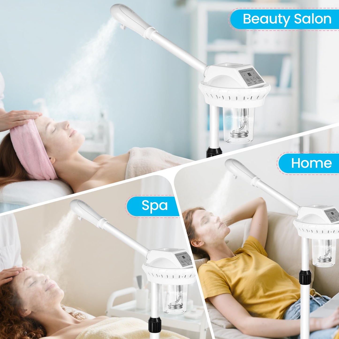 Facial Steamer Professional, Facial Steamer on Wheels, Ozone Face Steamer with More Steam for Deep Cleansing and Hydration, Estheticians Steamer for Beauty, Spa and Home Use（White）