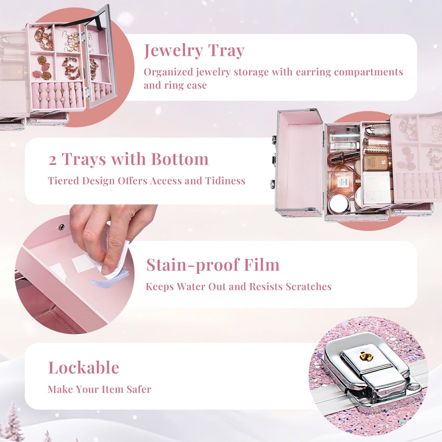 FRENESSA Makeup Case Organizer Portable Makeup Train Case Cosmetic Box with Mirror Jewerly Tray for Girls Nail Supplies Make Up Cases Organizers and Storage Kids Craft Case Pink