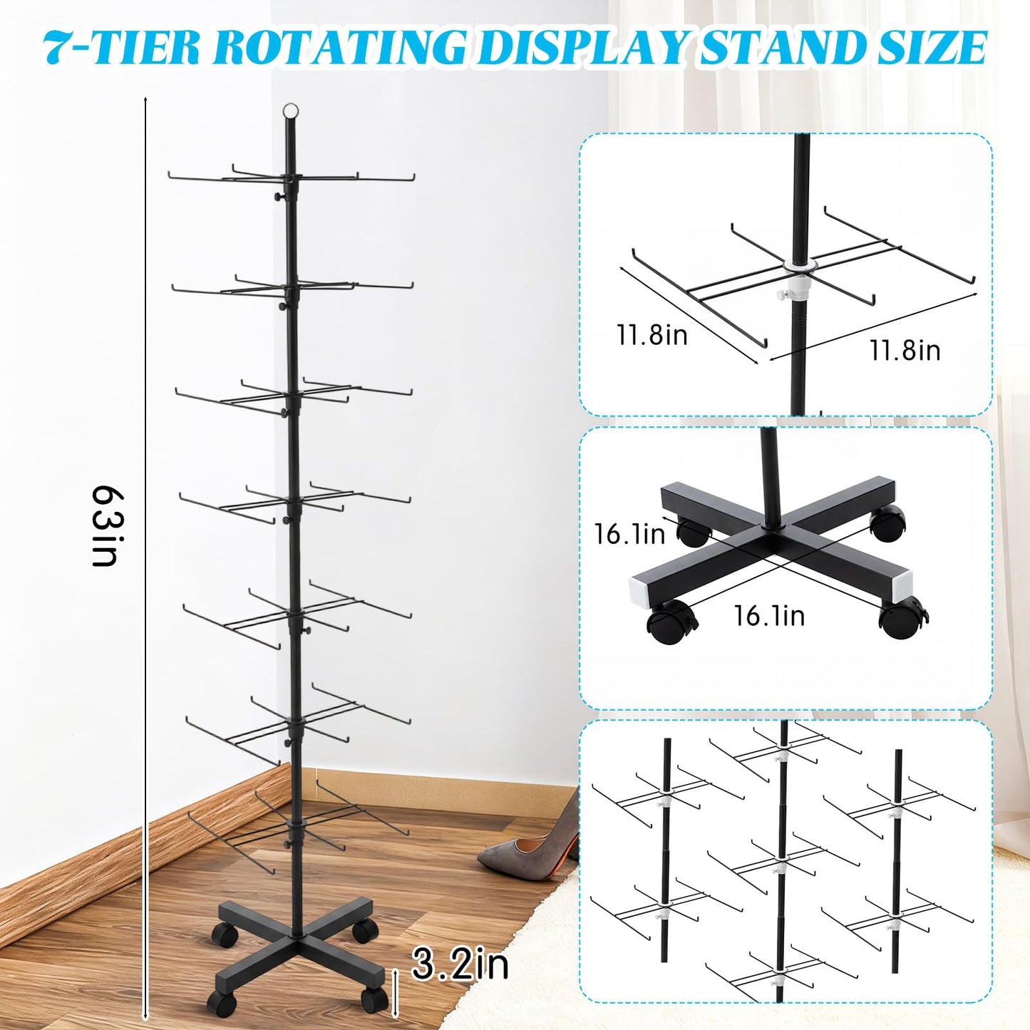 Ripeng 2 Pack 7-Tier Rotating Retail Display Stand, Adjustable Spinning Rack with Wheels for Jewelry Earrings Keychains Craft Shows Vendor Events, Black