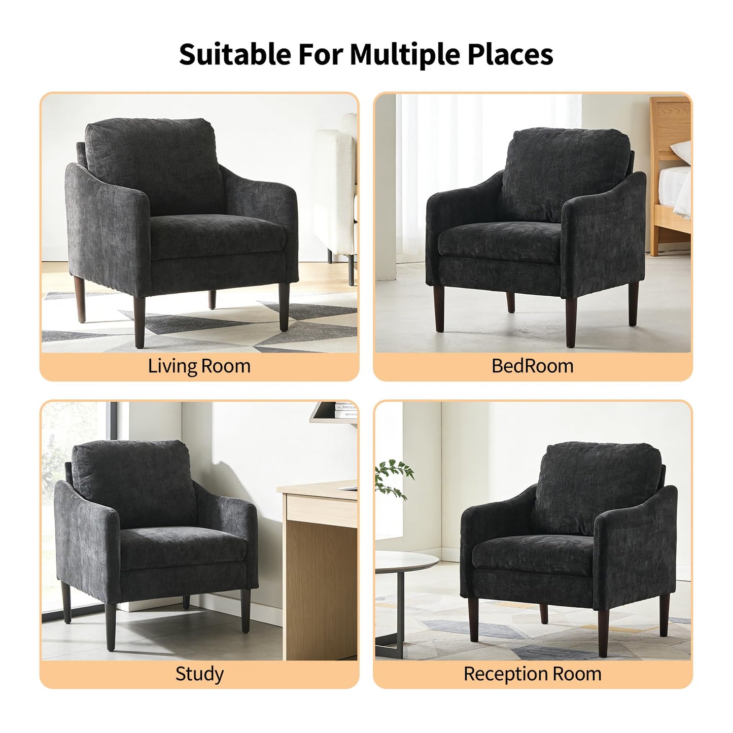 Mid-Century Modern Side Chair, Chenille Fabric Comfy Reading Chair for Adults, Curved Armchair, Modern Cloud Single Sofa Accent Chair for Bedroom, Living Room, Office & Waiting Room,Black
