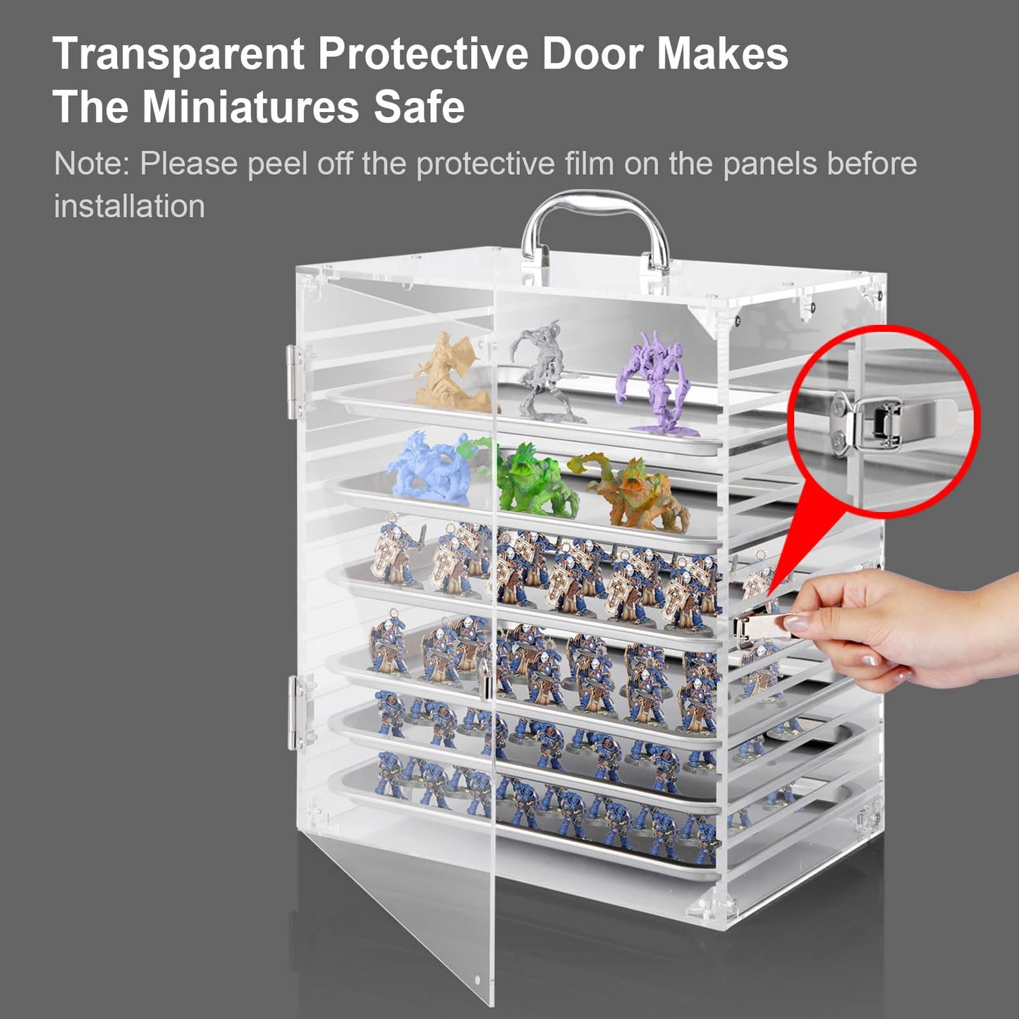 Famard Clear Acrylic Miniature Storage Case, Miniatures Carrying Case with 6 Magnetic Metal Trays, Miniature Display Case with Protective Door Compatible with Warhammer 40k