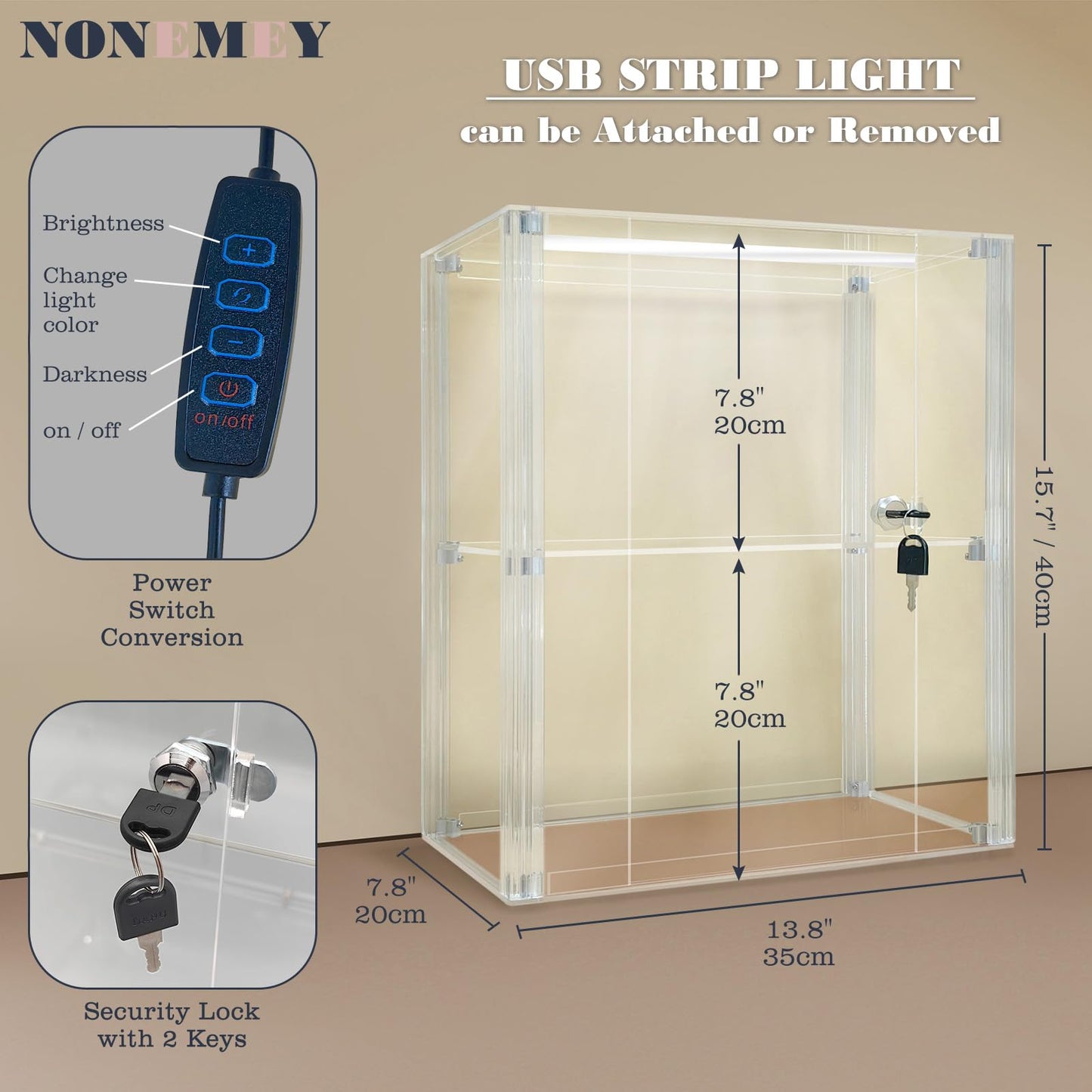 NONEMEY Acrylic Display case with Lock,2 Tier Lockable Security Display Case, Dustproof Protection Countertop Organizer Box for Collectibles (2Tier 14×8×16inch；35×20×41cm)
