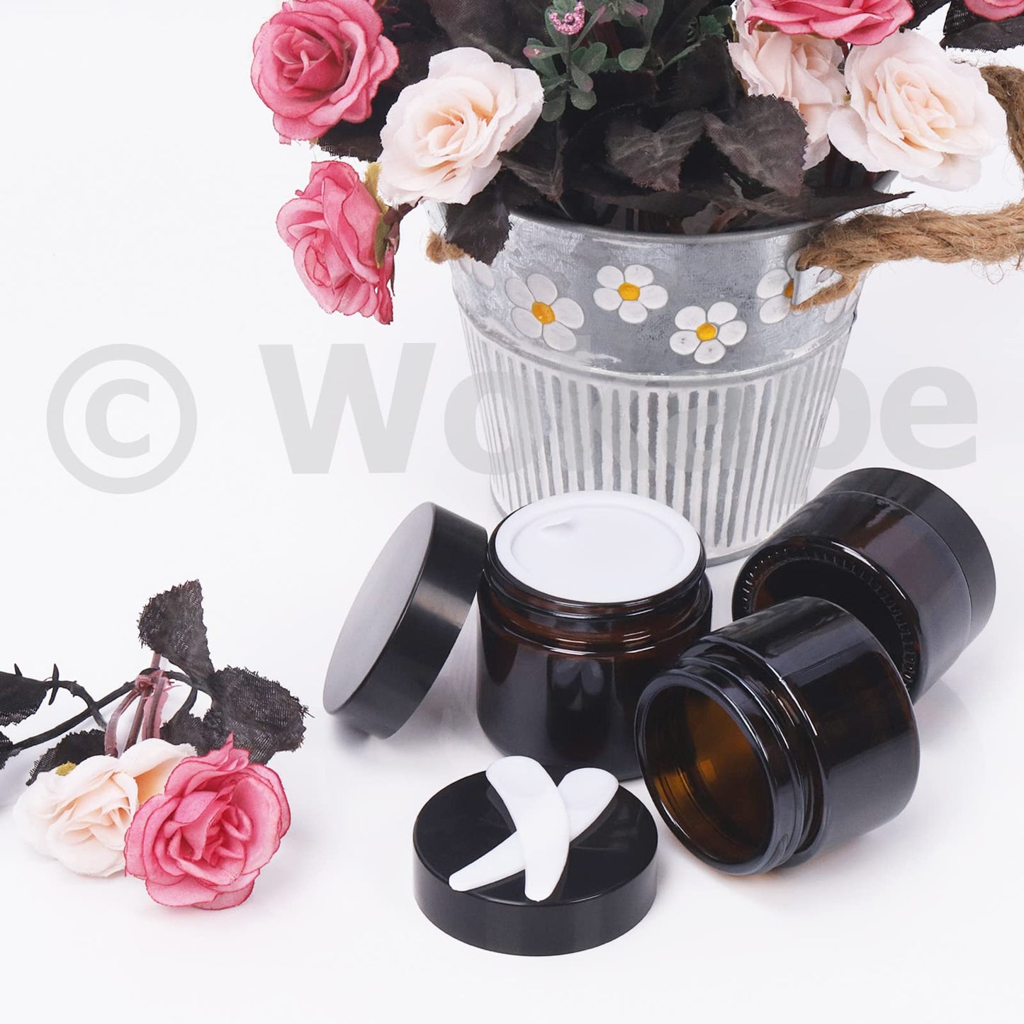 Wokape 20Pcs 10ml Amber Glass Jars with Liner Lids Spatulas, Leak-proof Round Cosmetic Jars for Travel Wear