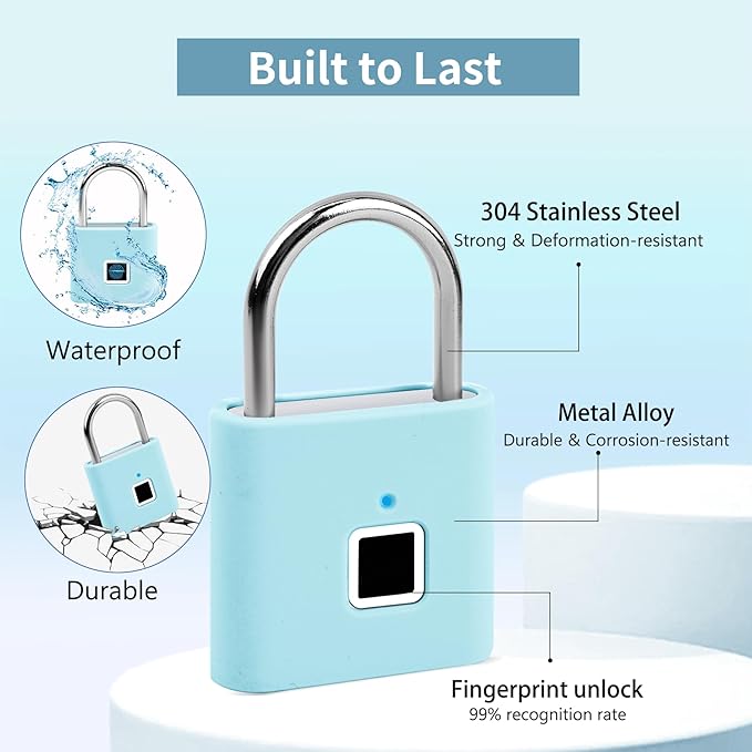 UMIKSMART Biometric Smart Lock, Keyless Fingerprint Padlock with USB Charging,Smart Padlock Gift for Students, Gym Lockers, School Lockers, Luggage, Storage Boxes, Fences, Backpacks, Fun Blue Set