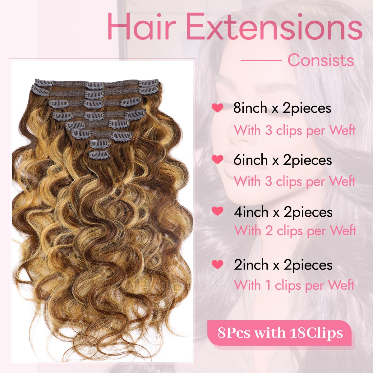 Tandulo Human Hair Clip In Hair Extensions Body Wave Clip ins 100% Brazilian Remy Human Hair (#4/27, 18 Inch)