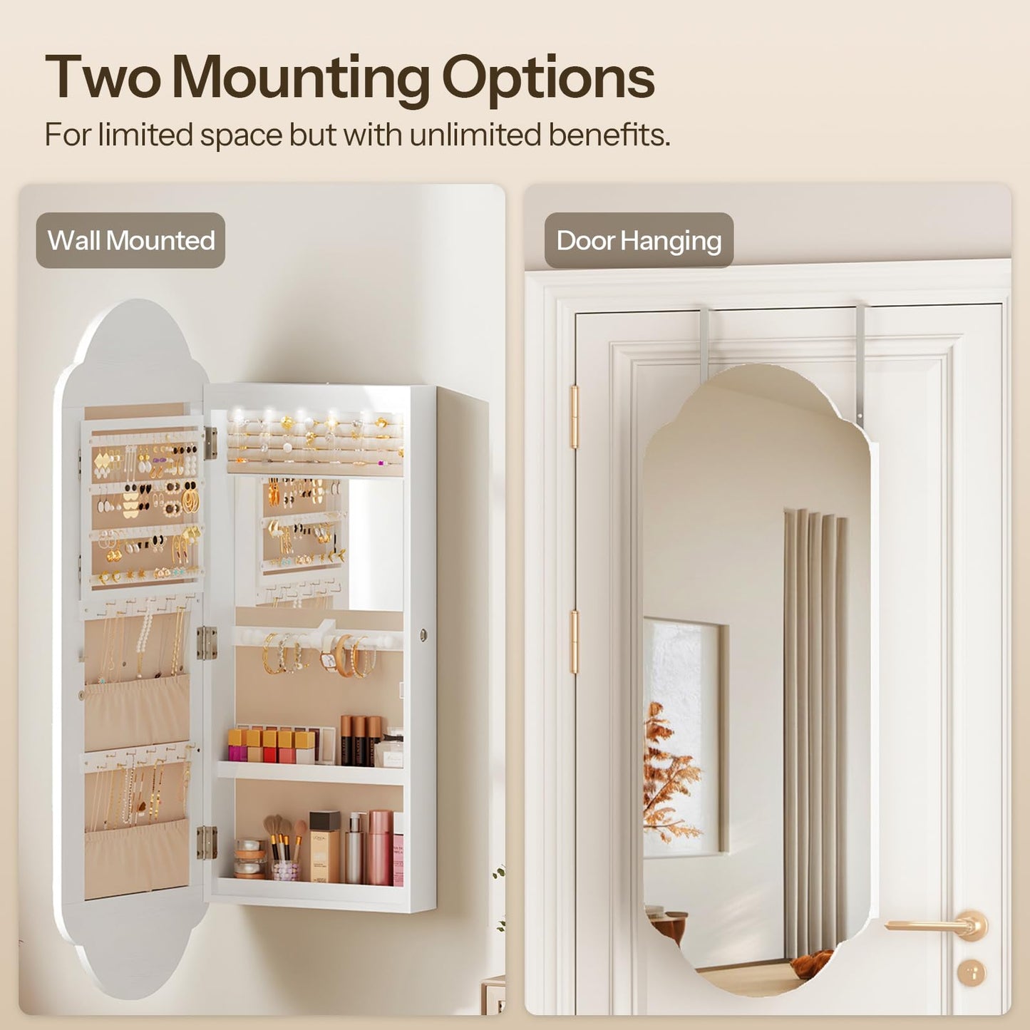 HOOBRO Jewelry Cabinet Wall/Door Mounted, LED Jewelry Organizer, Lockable