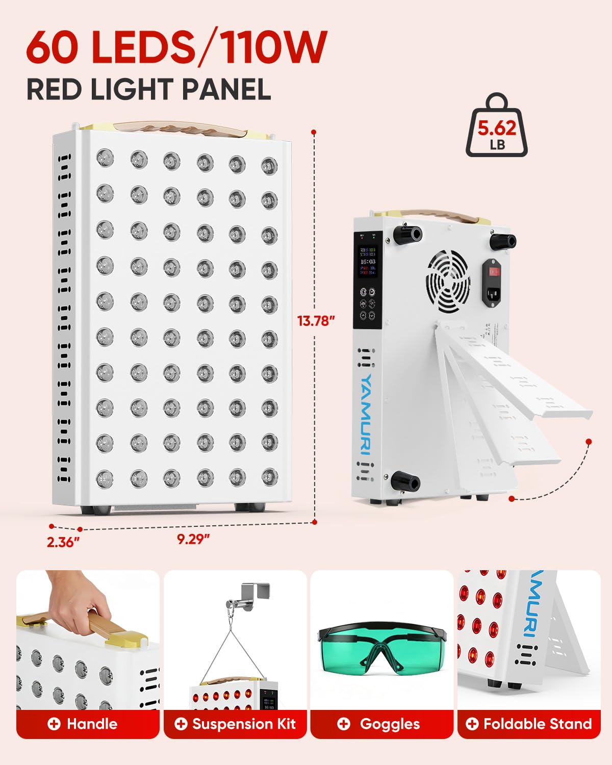 YAMURI Red Light Therapy for Body, 660nm 850nm Red Light Panel for Face, 110W with 60 Dual Chip LEDs, 135mW/cm² High-Power Home Red Light Therapy Device for Daily Wellness & Relaxation