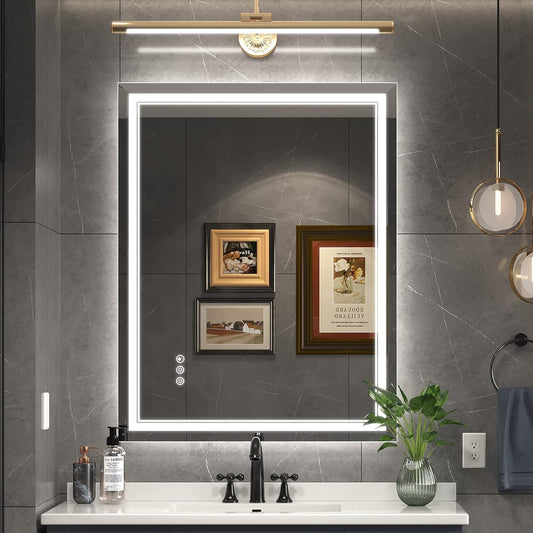 Ratsamee 28" x 36" Led Mirror for Bathroom with Front Light and Backlit, Bathroom Mirror with Led Lights, Vanity Mirror with Lights for Wall, Anti-Fog, Dimmable 3-Color（frontlit+Backlit）