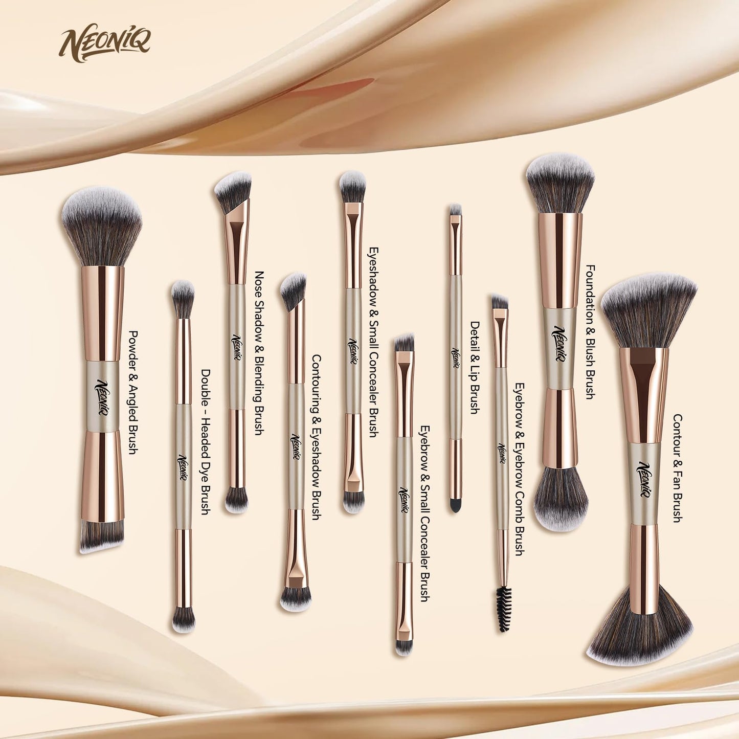 NEONIQ 10 PCS Travel Makeup Brush Set With Bag, Makeup Brushes, Double-End Multi-functional Brushes for Foundation Powder Blush Eyeliner Eyeshadows, Professional Face Brush Set（Champagne Gold）