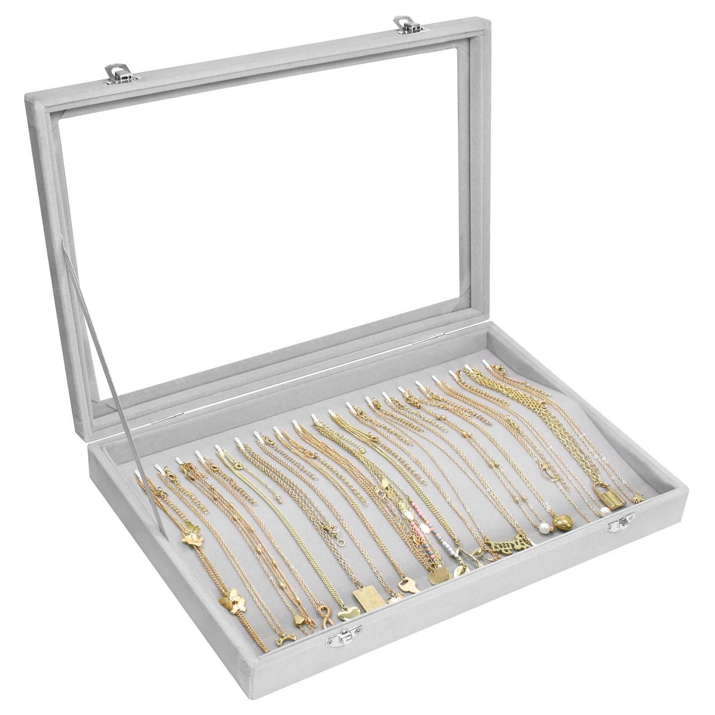 Siveit Necklace Organizer Box Premium 20 Hooks Velvet Necklace Display Jewelry Tray with Transparent Lid Jewelry Necklace Display Box for Necklace Pendants Suitable for Women and Girls (Grey)