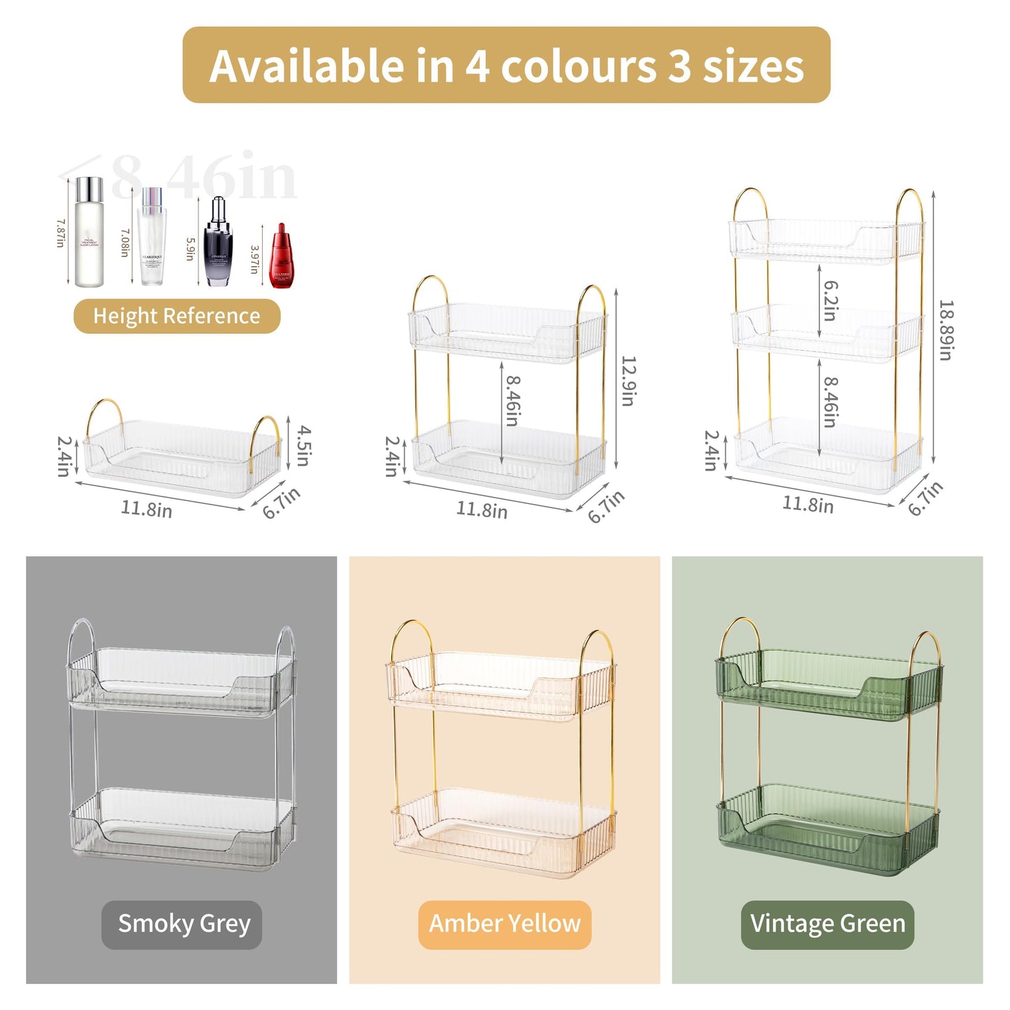 YCIA&DONE Bathroom Organizer Countertop, Makeup Storage, Skincare Cosmetic Tray Shelf, Perfume Holder Rack for Vanity Counter, Large Capacity, Easy to Install, Clean, 2 Tiers, Clear White