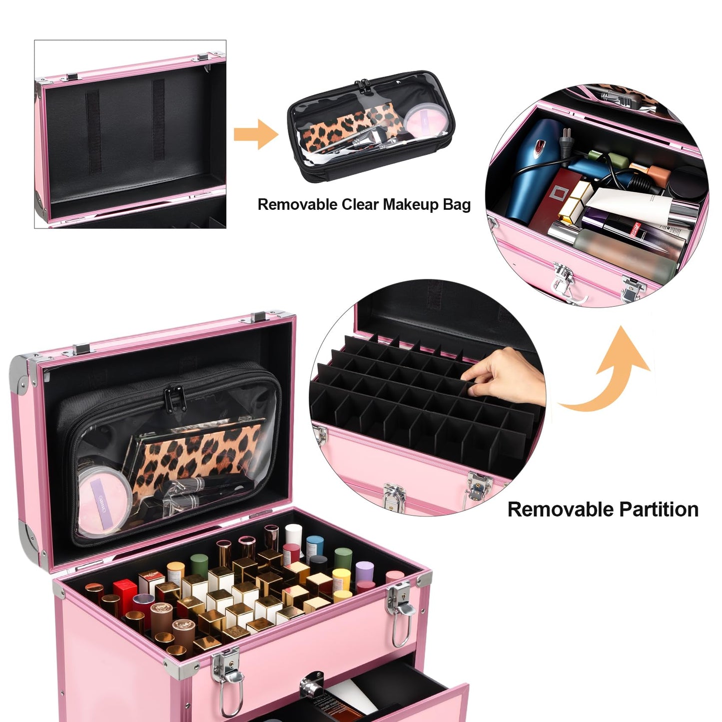 3 in 1 Rolling Makeup Case, Professional Cosmetology Case on Wheels, Detachable Clear Makeup Bag & Nail Polish Organizer, Portable Makeup Trolley with Drawers for Makeup Artists & Nail Technicians