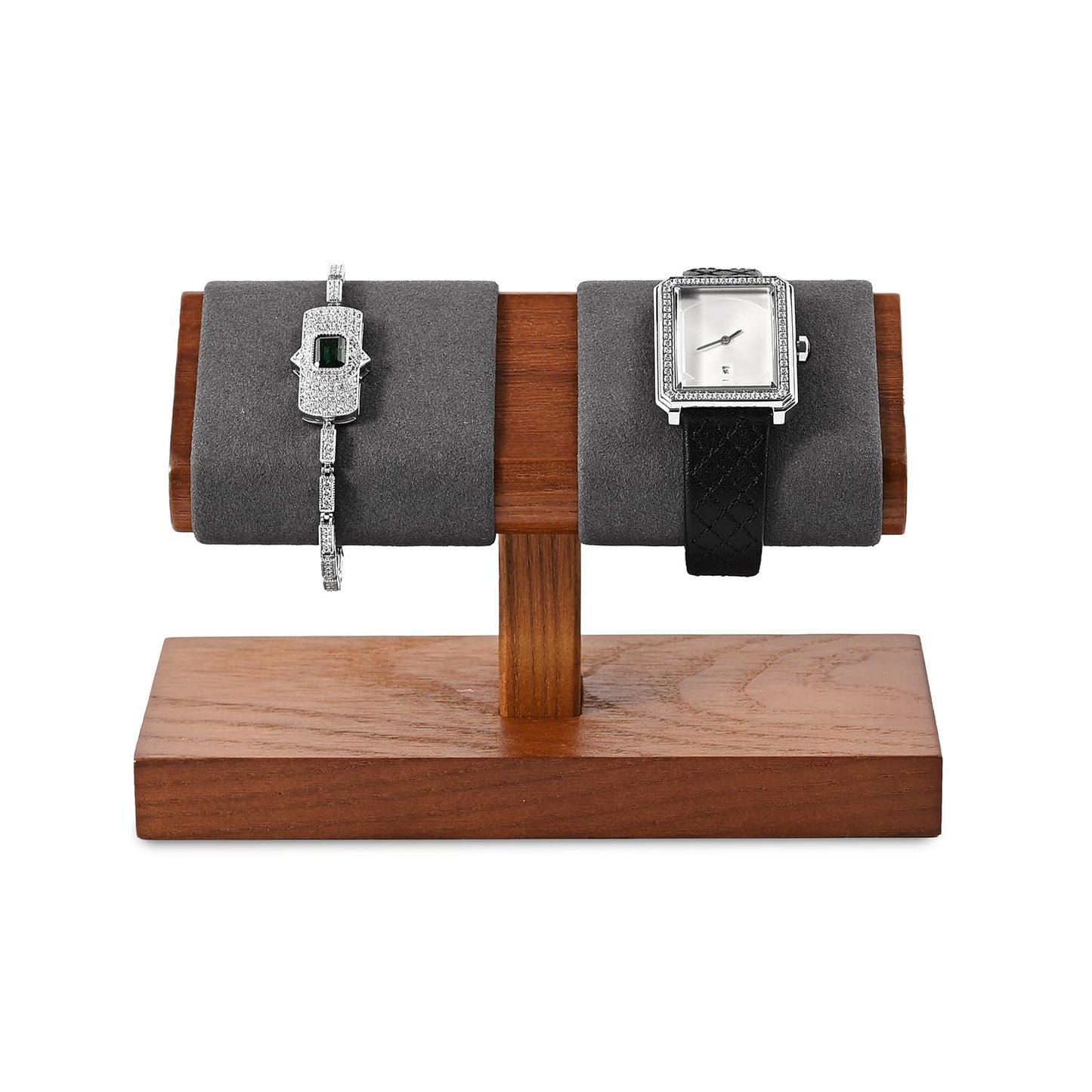 Oirlv Solid Wood Double Watch Display Stand Watch Bracelet Organizer（Grey）