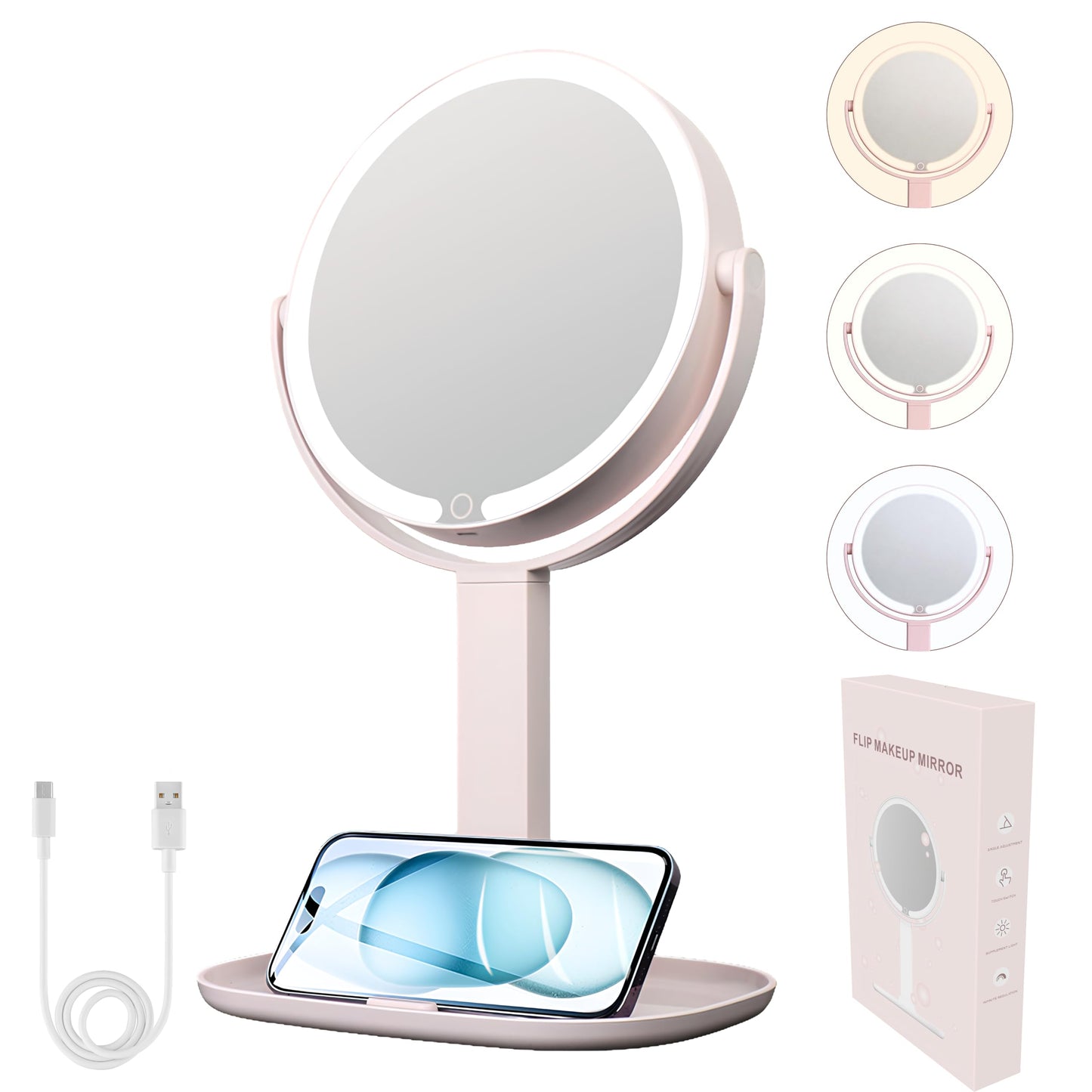 DYMOND Makeup Mirror with Lights, 1X/10X Double Sided Magnifying Mirror with Lights for Vanity Makeup Height Adjustable with Phone Holder Tray, Rechargeable with 3 Colors Dimmable, Pink