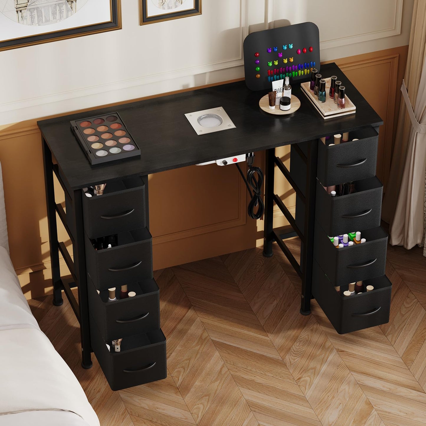 DrawXynth Nail Desk, Manicure Table, Nail Beauty Salon Workstation w/Electric Dust Collector, 8 Fabric Drawers