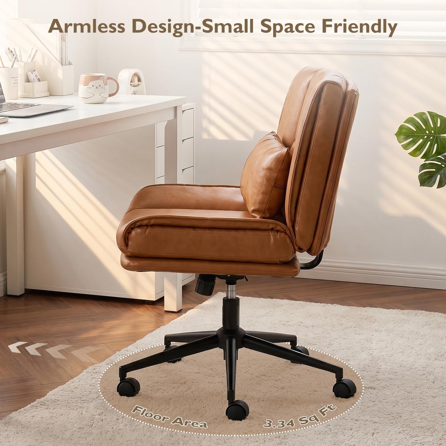 BIAOZHIKE Armless Criss Cross Office Chair with Wheels,PU Leather Brown