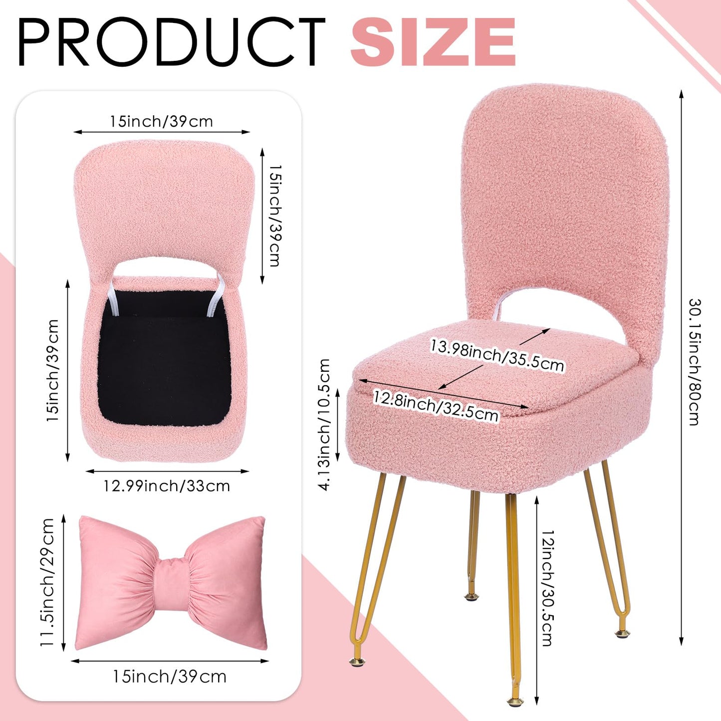 Novabright Small Vanity Stool Chair with Storage and Back Faux Fur Soft Ottoman Pink Bow Makeup Vanity Chair 13" x 14" x 30" Cute Small 4 Metal Leg for Makeup Bedroom Living Room Dressing Room