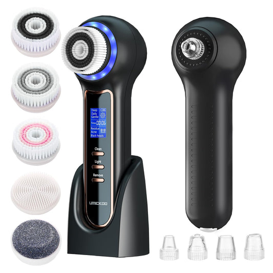 UMICKOO Electric Facial Cleansing Brush with LCD Screen, 3-in-1 Face Scrubber & Optional Blackhead Remover, Rechargeable, IPX7 Waterproof, Gentle Daily & Deep Cleaning for All Skin Types