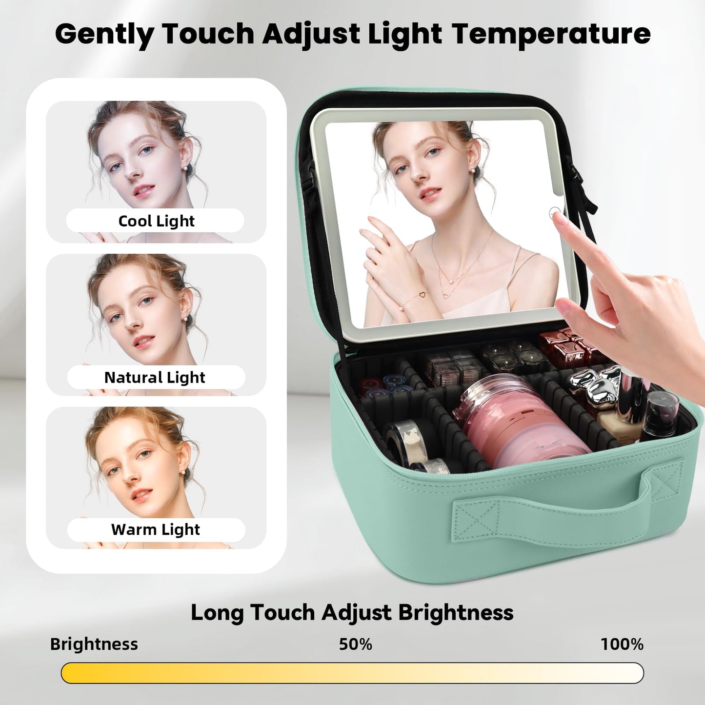 SUILU Travel Makeup Bag with LED Mirror and Light Makeup Travel Bag Organizer Portable Cosmetic Brush Organizer Bag with Adjustable Dividers for Cosmetics Makeup Brushes Toiletry (Light Green)
