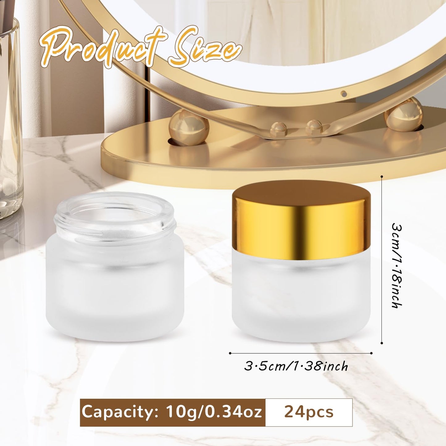 24 Pcs Frosted Glass Jars Refillable Cosmetic Containers Empty Round Storage with Gold Color Lids for Eye Cream Lotion Spice Powder Liquid Sample Make Up - 10g/0.34oz