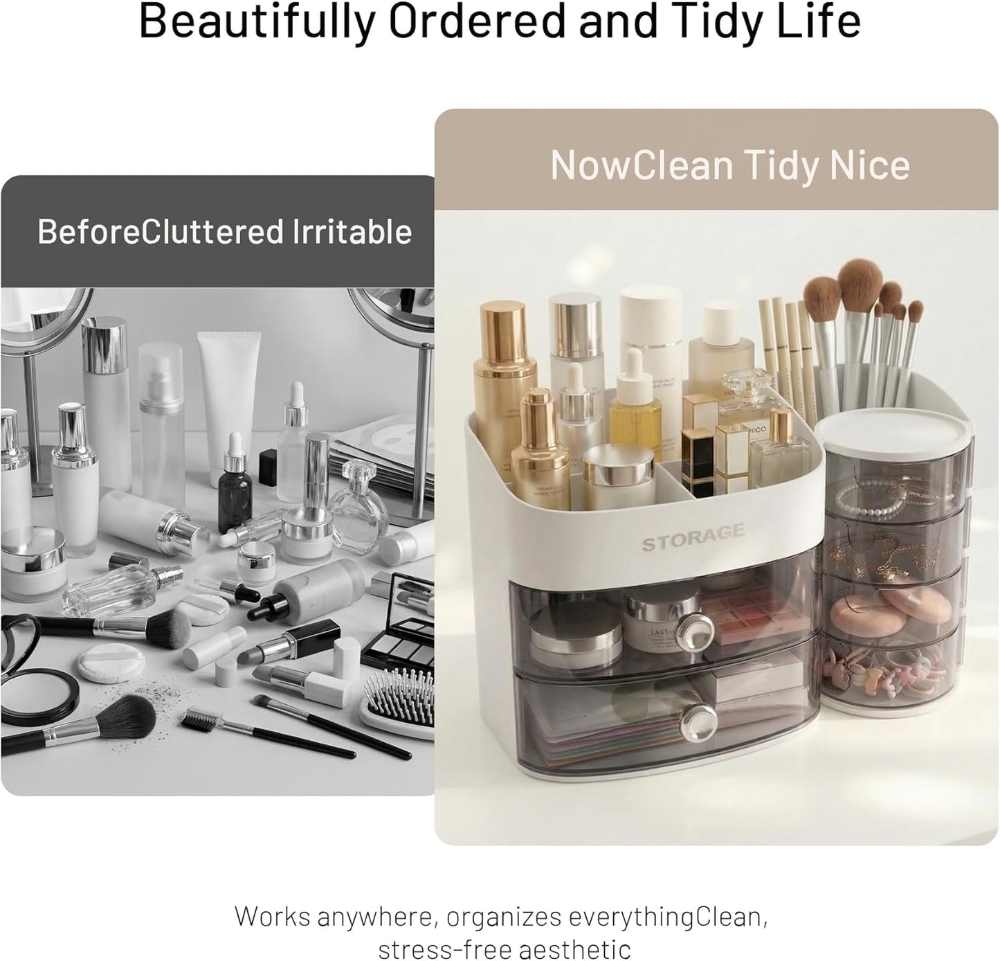 Freebirdly Makeup Organizer Countertop with Drawers, Rotating Skincare & Cosmetic Organizer for Vanity, 4 Clear Swivel Drawers, Large Capacity Make Up Storage for Cosmetics, Brushes, Jewelry