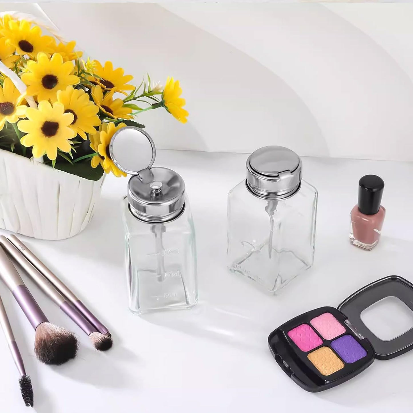 2 Pcs 6 Oz/ 180 ml Clear Pump Dispenser Bottle with Metal Flip Cover Glass Nail Polish Remover Push Down Dispenser Bottle Refillable Push Down Pump Dispenser Press Container for Makeup Remover