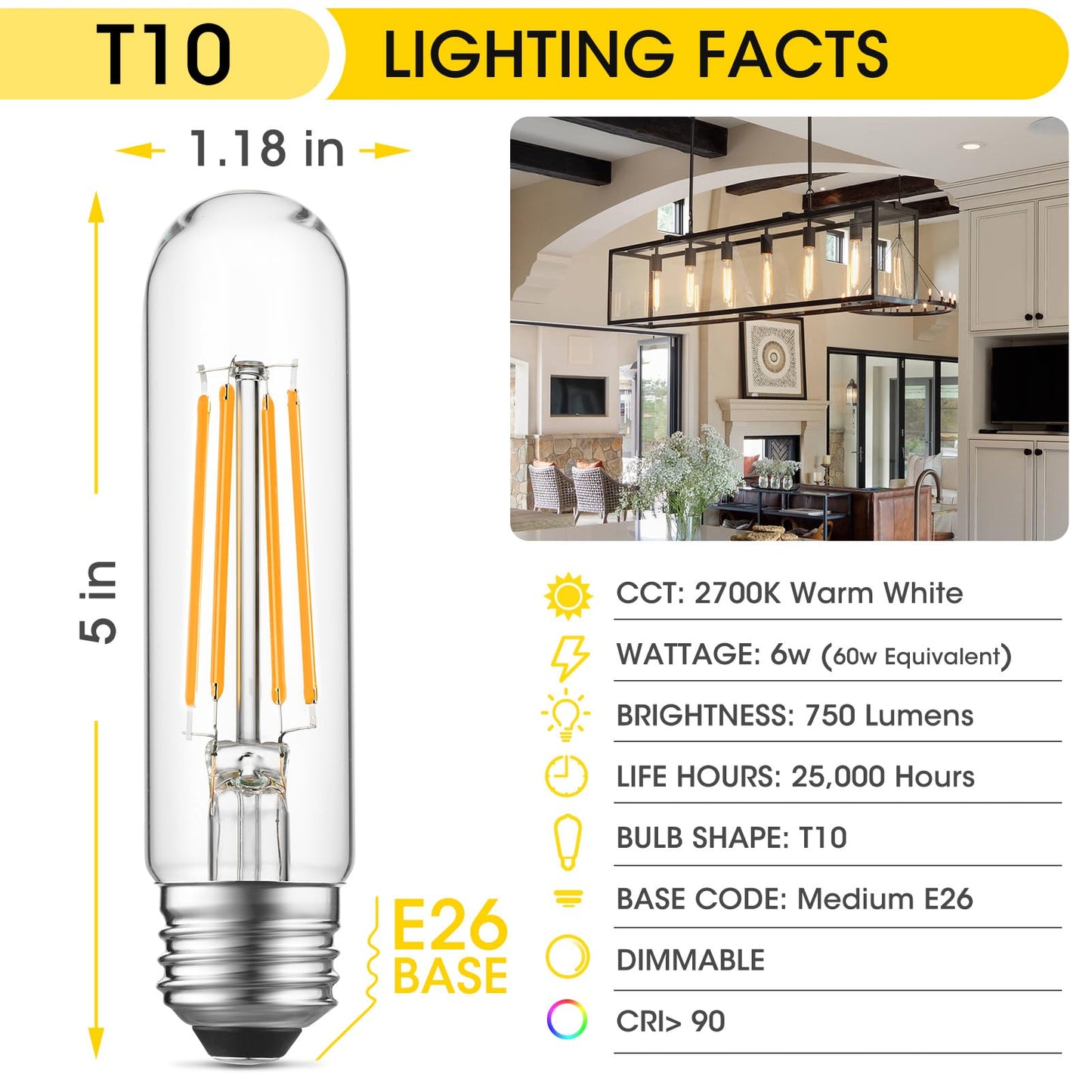 Gozelux Dimmable E26 LED Bulb 6W Equal 60 Watt Warm White 2700K E26 Edison AC120V 750LM Tubular T9 T10 LED Light Bulb for Rustic Pendant, Chandeliers, Wall Sconces, Pack of 8