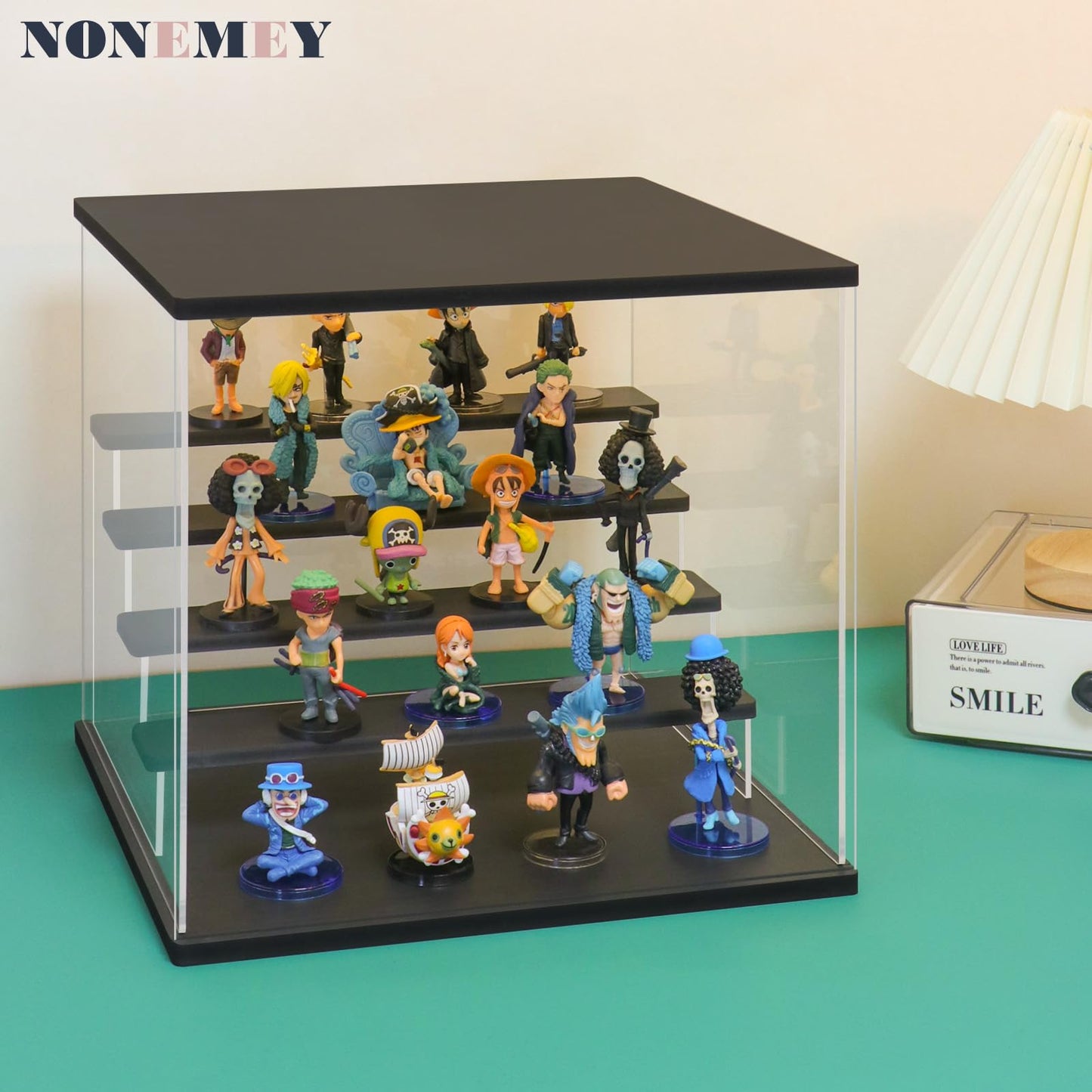 NONEMEY Acrylic Display Case with Light, Upgraded 3 Color Light & Adjustable Brightness Showcase,5 Tier Dustproof Clear Toy Organizer Box for Action Figures, Collectibles, 12.4x12.2x12 In