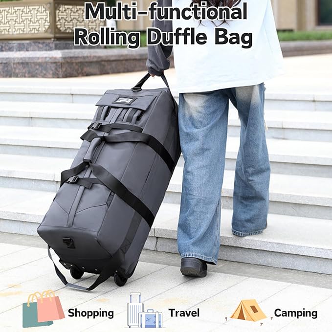 Rolling Duffle Bag with Wheels, 92L 34” Folding Duffle Backpack Soft-Sided with 2 Wheels, 6-way Carry-On Large Travel Bag Men/Women Multiple Pockets for Long Trip, Blue
