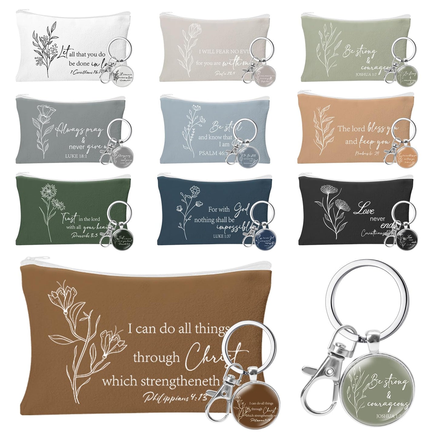 HSDSH 20 Pcs Christian Cosmetic Bags for Women Religious Gifts Canvas Pencil Pouch Makeup Bags with Bible Verse Keychains for Women Mother Employee Christmas Gift