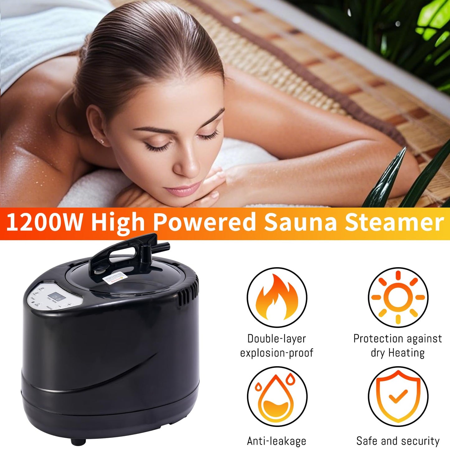 Sonaricus Portable Sauna Steamer 3L - 1200W Fast Heating Steam Generator with Remote Control, 9 Levels, 99-Min Timer, Stainless Steel Pot for Home Sauna Tent, Aromatherapy Box Included