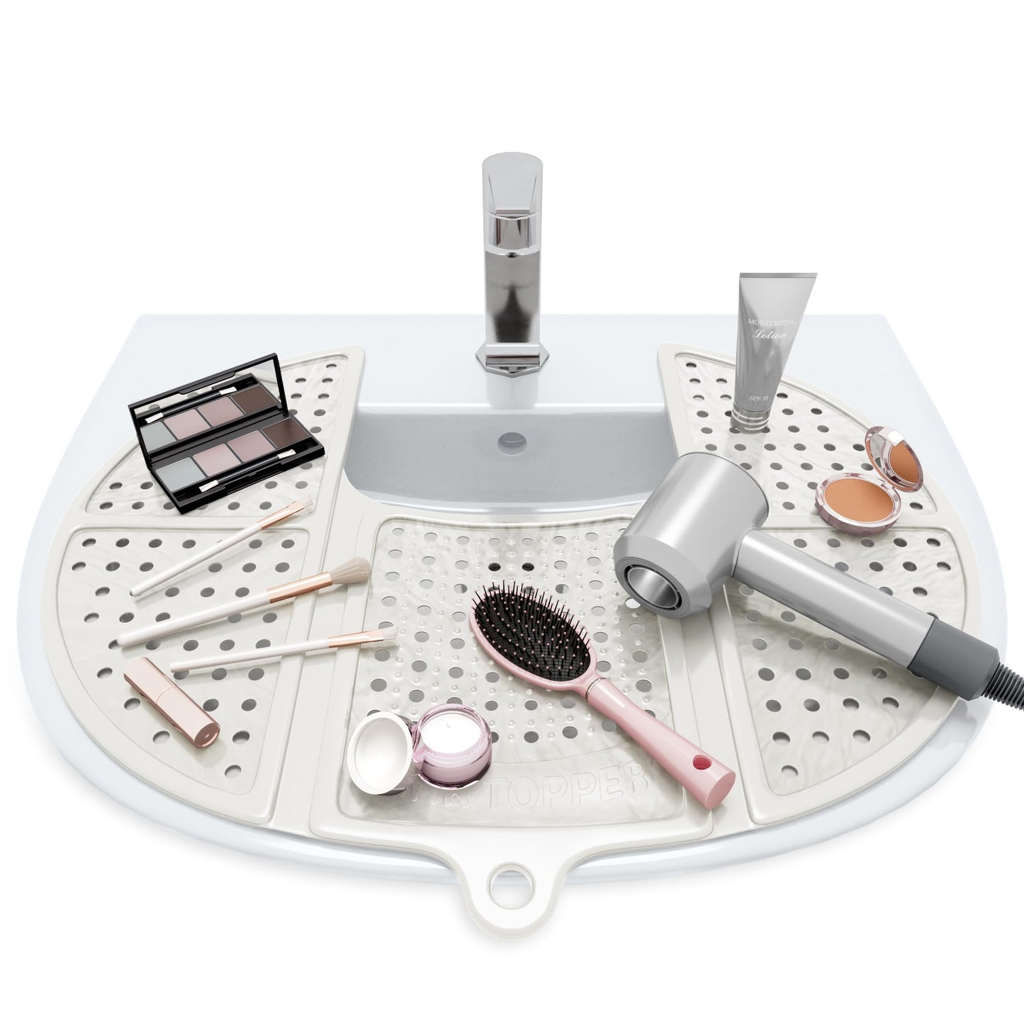 Sink Topper Bathroom Counter Cover & Storage Saver, Foldable Silicone Mat for Hot Tools, Hair Styling & Makeup, Beauty Brush Cleaning Mat, RV Camper Sink Cover & for Small Spaces (Standard Pearl)
