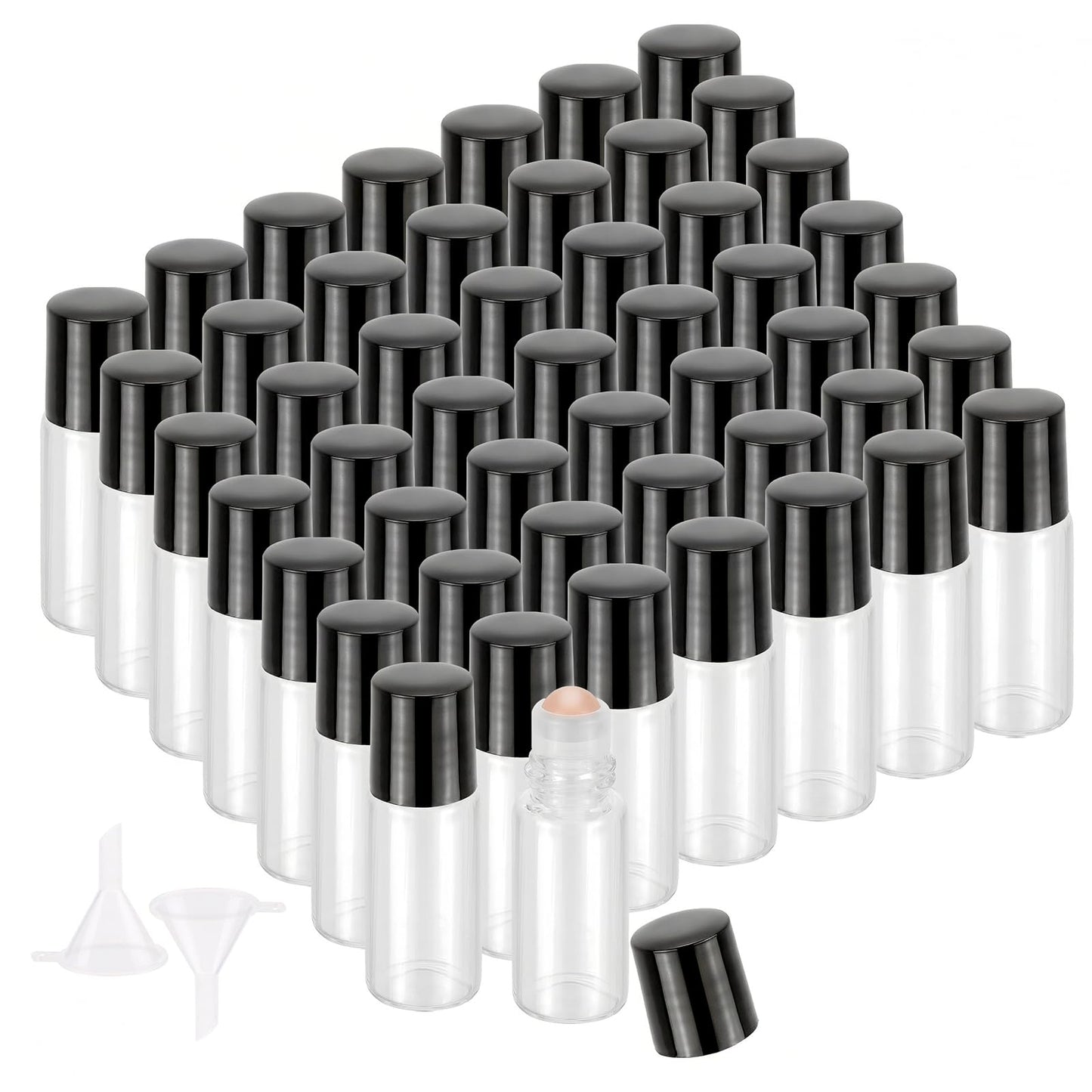 JIUWU 50pcs 3ml Mini Roller Bottles, 0.1oz Pink Glass Balls for Roll-on Bottles, Clear Empty Essential Oil Containers with Black Cap, Leak-Proof Refillable Travel Vials for Perfume Aromatherapy