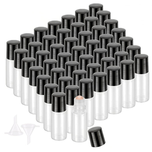 JIUWU 50pcs 3ml Mini Roller Bottles, 0.1oz Pink Glass Balls for Roll-on Bottles, Clear Empty Essential Oil Containers with Black Cap, Leak-Proof Refillable Travel Vials for Perfume Aromatherapy