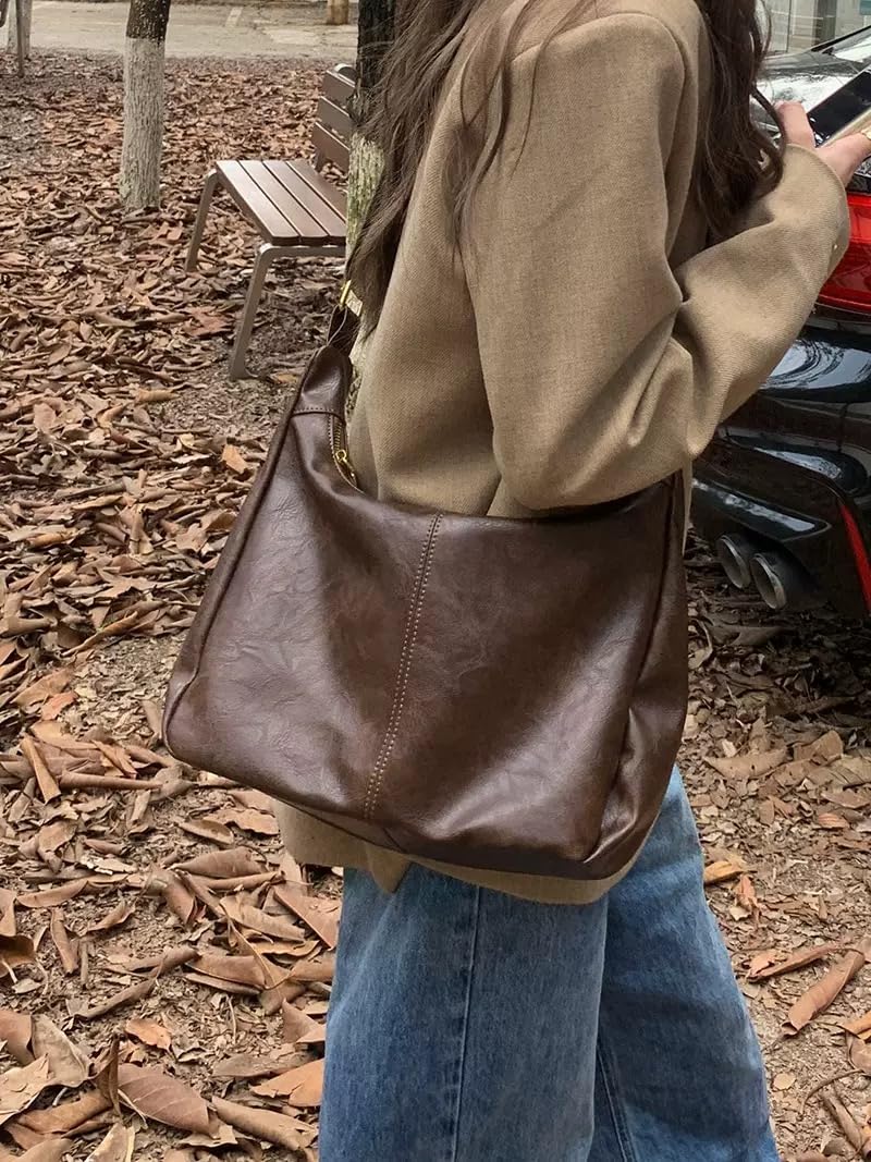 MOPOVO Hobo Bags for Women Leather,Foldable Slouchy Shoulder Bag Crossbody Handbag,Soft Vegan Tote Casual Everyday Handbags Coffee Fall Brown Purse