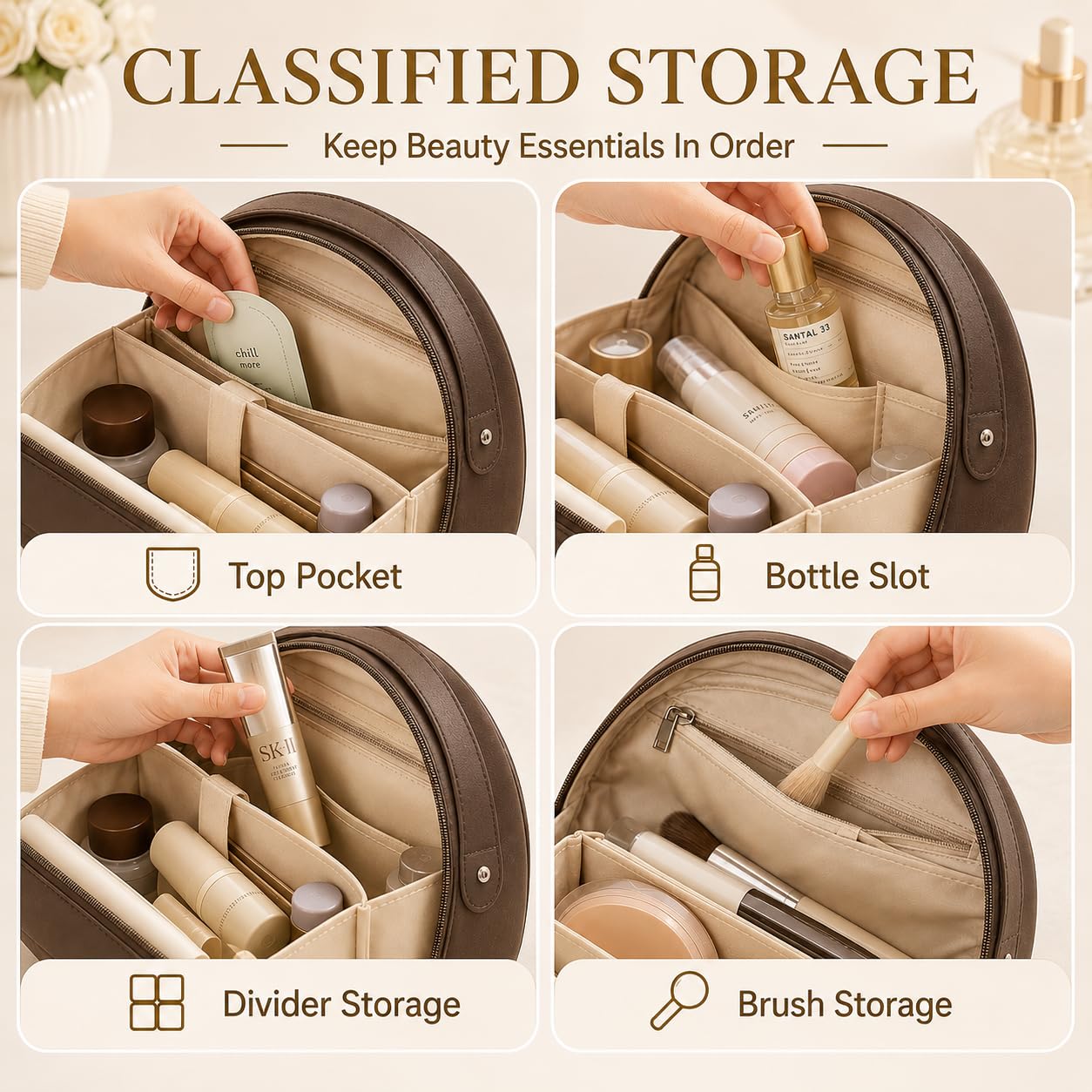 YDR Travel Makeup Bag for Women, Large Capacity PU Leather Cosmetic Bag, Semi-Circular Makeup Organizer Pouch, Water-Resistant Toiletry Bag with Zipper, Portable Cosmetic Case for Travel