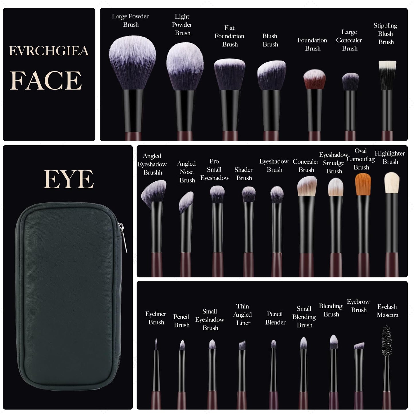 Professional Makeup Brush Set, 25Pcs Powder Foundation Blush Eyeshadow Brushes with Travel Case. All in One Brush Set, Soft Synthetic Vegan & Cruelty-Free(black)