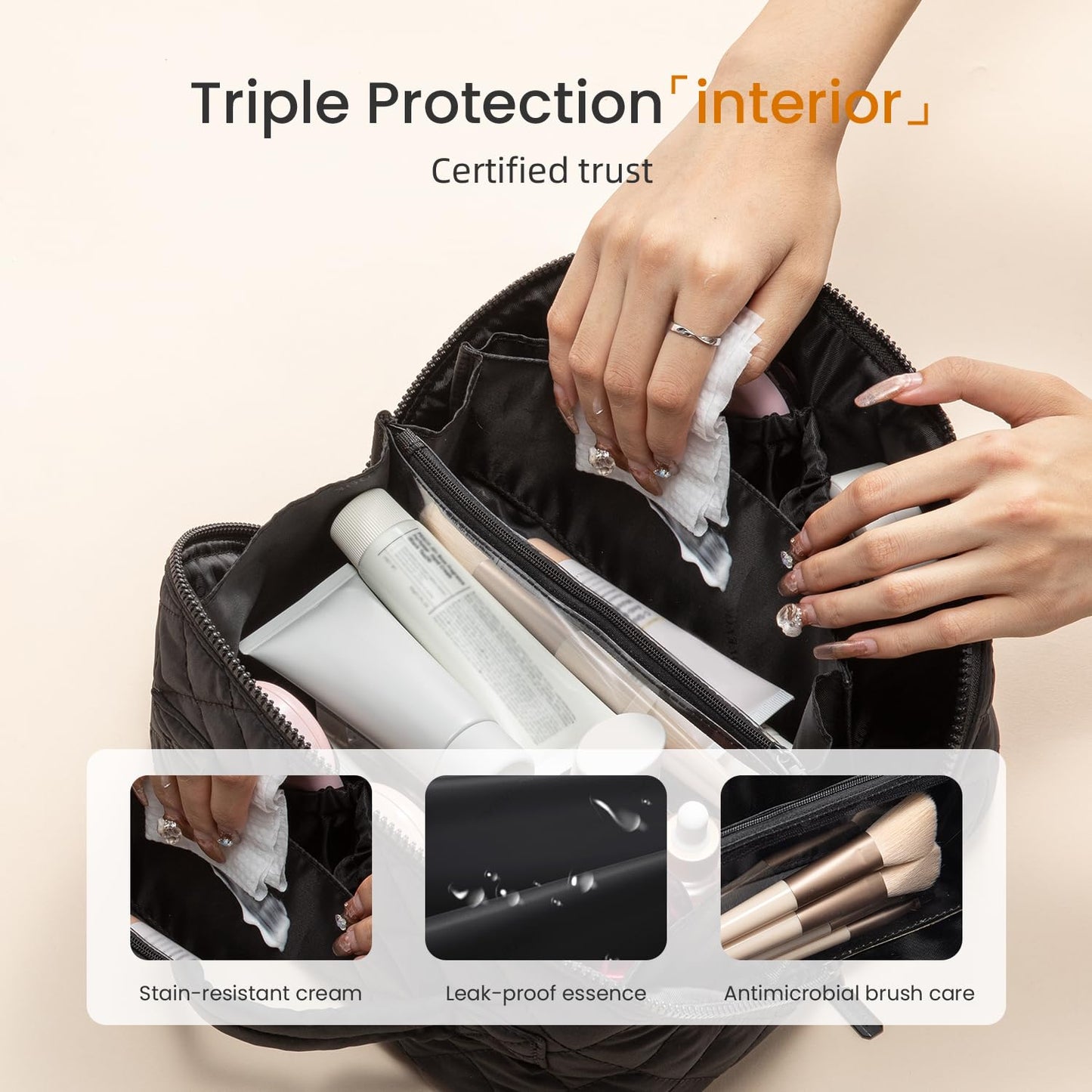 LOVEVOOK Travel Makeup Bag for Women, 2Pcs Puffer Waterproof Cosmetic Organizer, Large Capacity Pouch Open Flat Small Toiletry Bag with Brush Compartment & Handle (Black, Medium)
