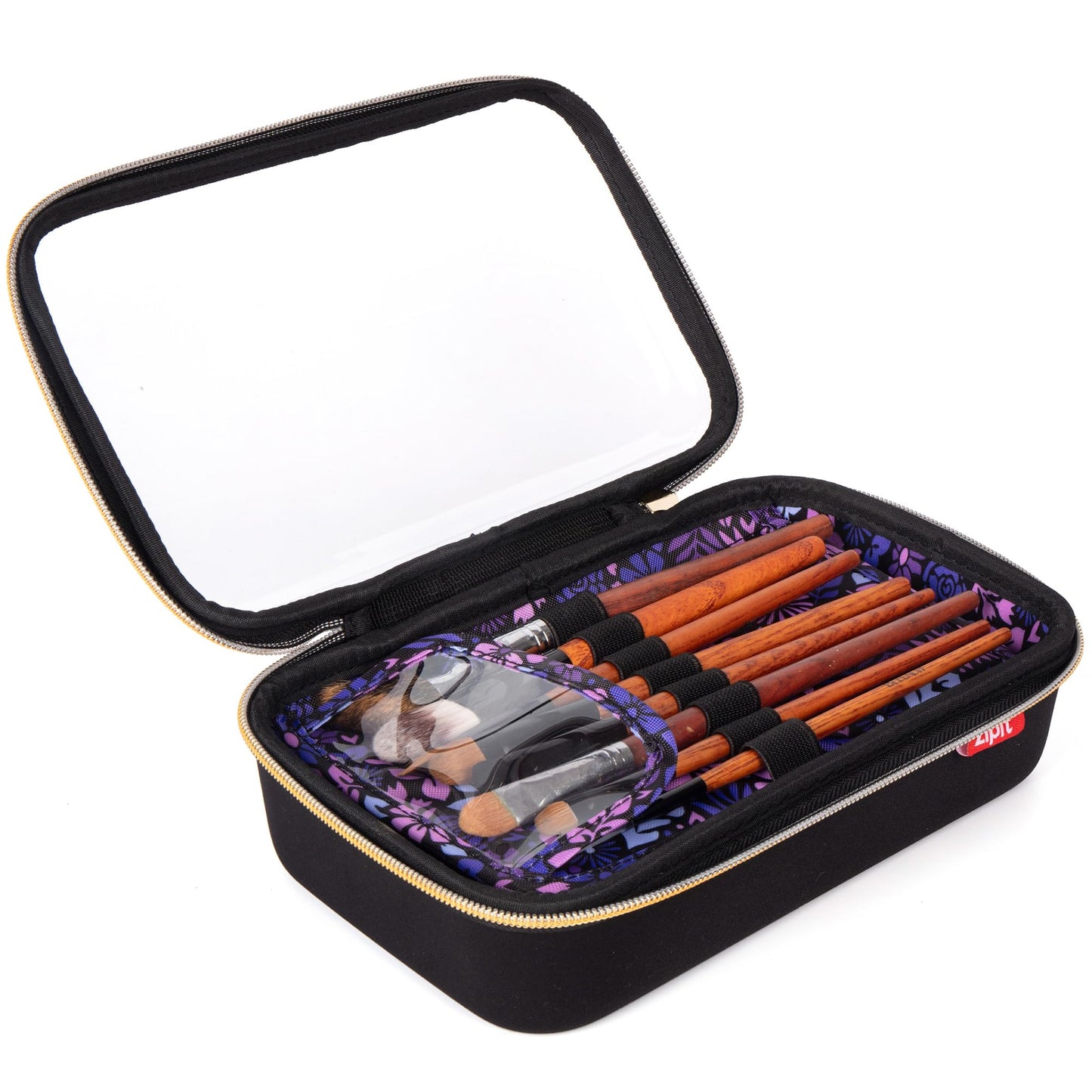 ZIPIT: Travel Makeup Bag - Black & Purple Flowers - Protective Hard Shell, Large Cosmetic Case, Transparent Zipper Lid, Handle, Toiletry Organizer
