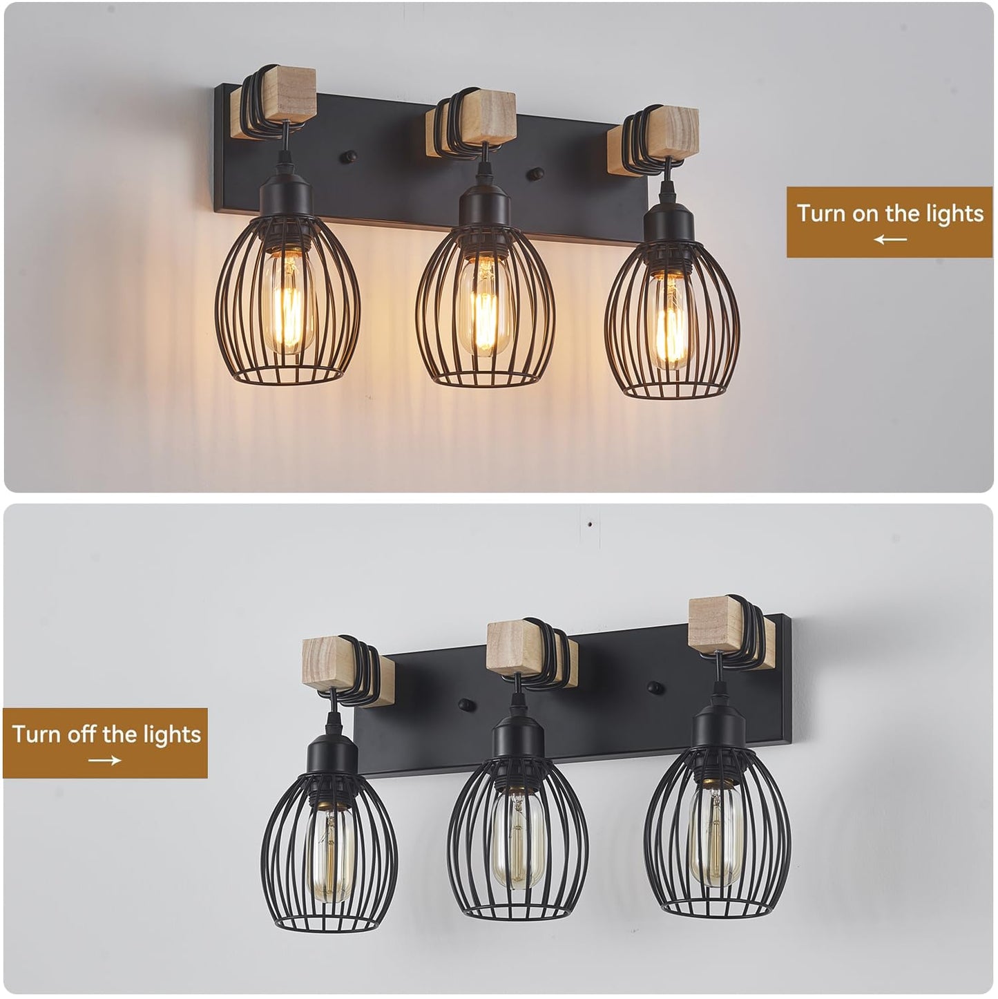 A1A9 Farmhouse Bathroom Vanity Light, 3-Light Rustic Wood Bathroom Lighting Fixtures Over Mirror, Industrial Black Vanity Lights with Elegant Teardrop Lampshade for Bedroom Living Room Hallway