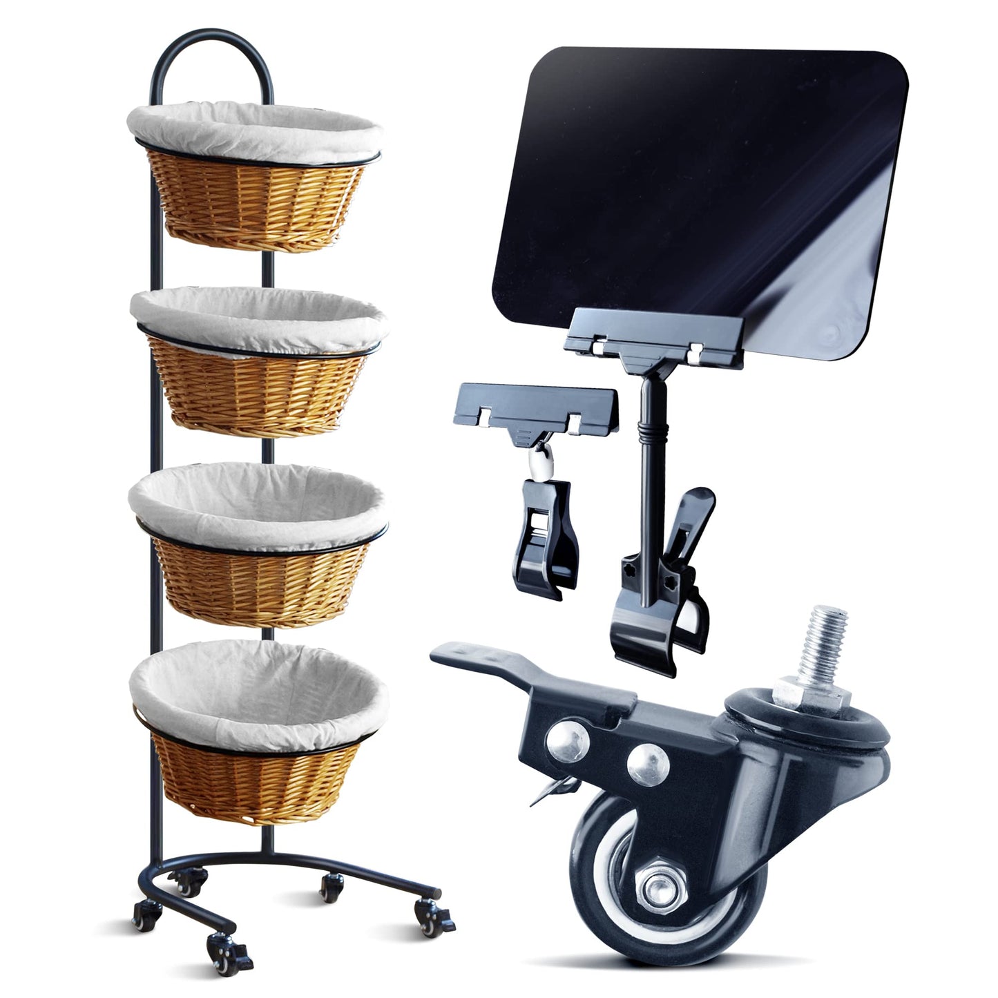 DS THE DISPLAY STORE 4 Tier Retail Display Stand with Wheels & Sign Clips, Brown Metal Market Display Rack Basket Stand, Farmers Market Display with Willow Baskets