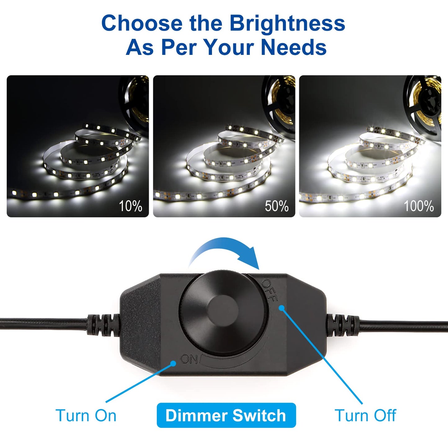 KOPMHYE 5M Dimmable LED Strip Lights Kits, 12V Tape Light, 300 2835 LED, 16.4ft 6000K Daylight White Ribbon with Power Adapter, Light Strips for Under Bed, Vanity Mirror, Cabinet, Non-Waterproof