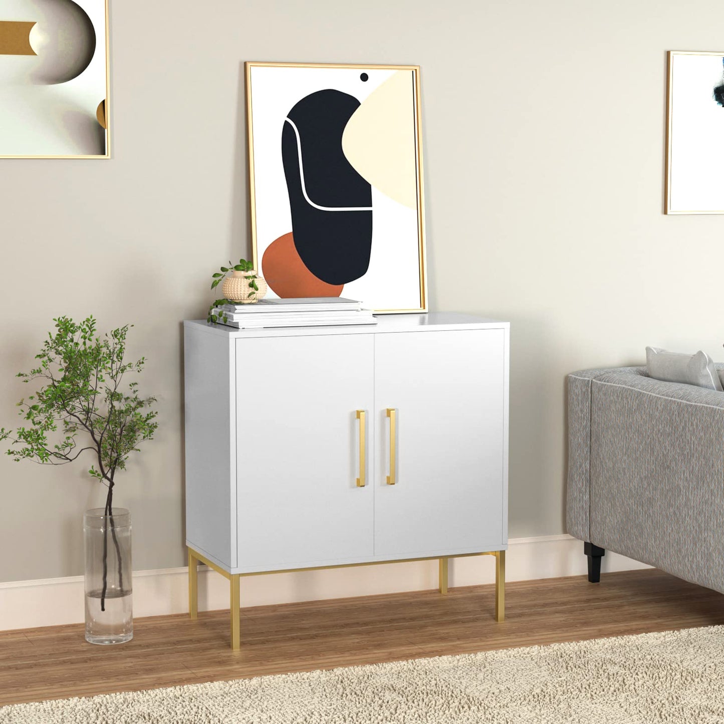 JOZZBY Buffet Sideboard Cabinet with Storage, Modern Wooden Cabinet with Adjustable Shelves, White and Gold Cabinets for Living Room, Kitchen, Hallway