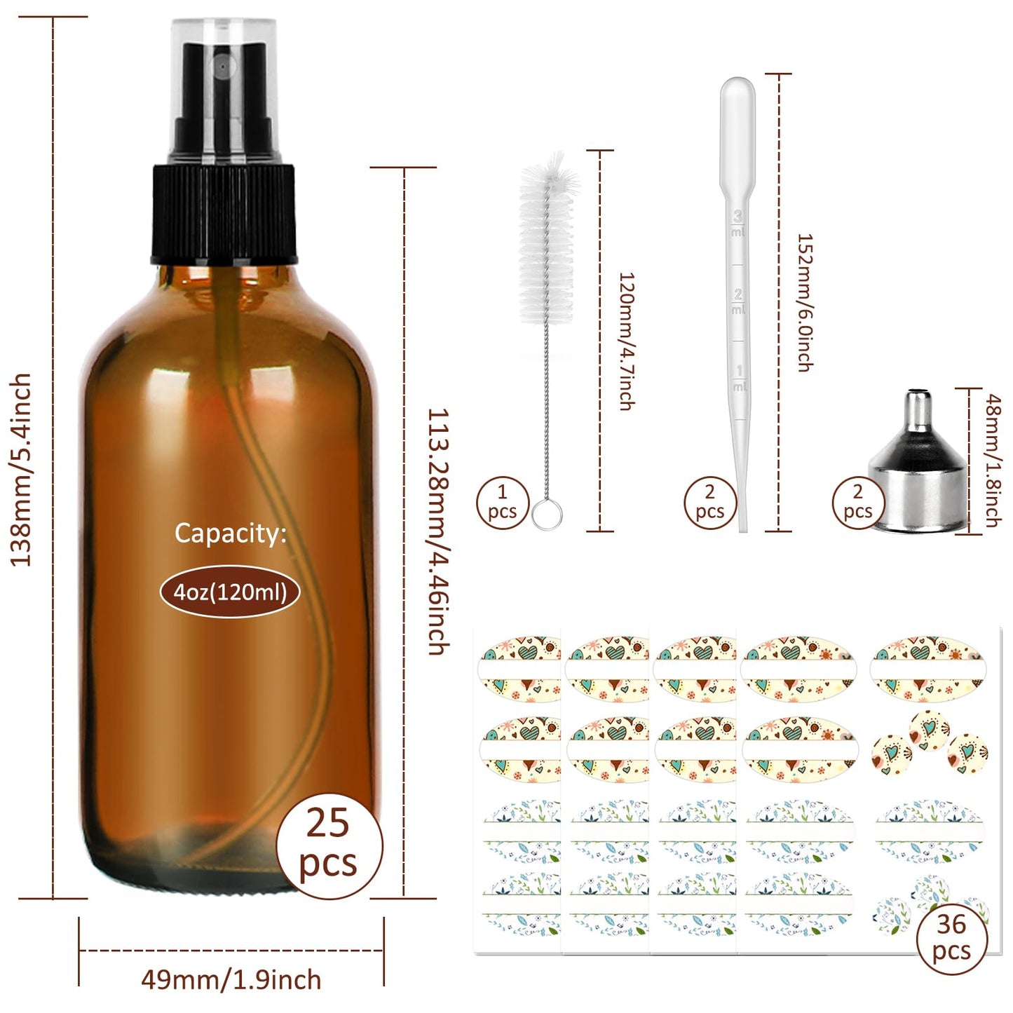 CycleMore 25 Pack 4oz Amber Glass Spray Bottles with Fine Mist Sprayers, Glass Travel Bottles for Cosmetic Essential Oils Cleaning Solutions Perfumes & More Liquids Ideal GIft