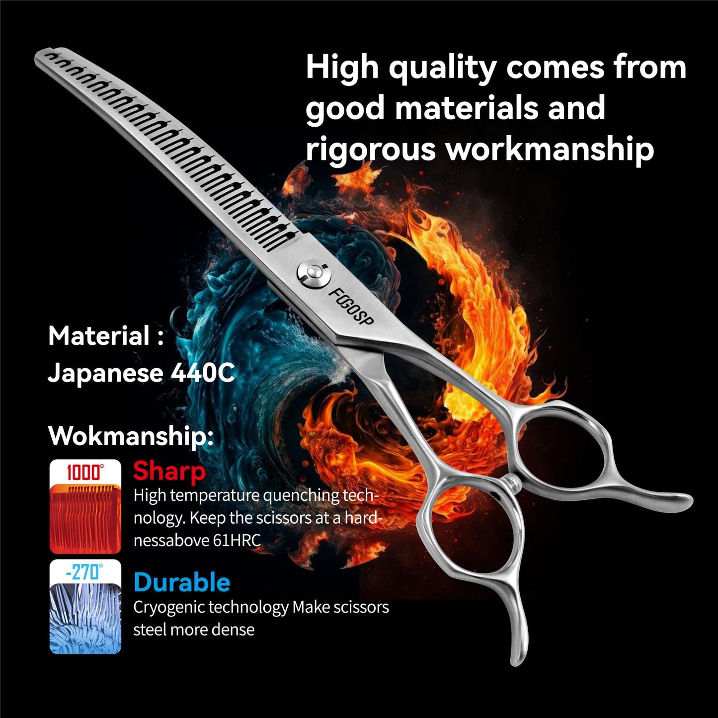 FOGOSP Save-effort Curved Chunkers Dog Grooming Scissors 7in Gradual tooth width Thinning Shears for Dogs Pet Cat Light Cutting Feel 23 Tooth 70% Thinning Rate Japan 440C