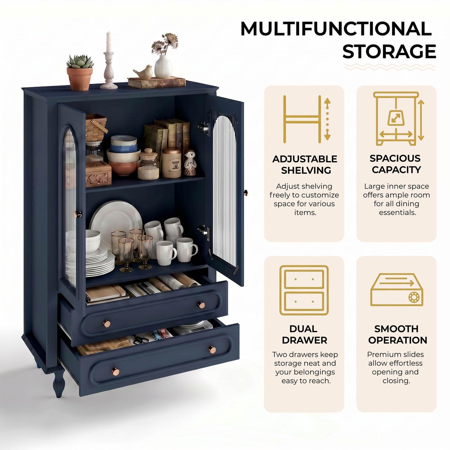 46.5'' Tall Buffet Cabinet with Arched Fluted Glass Doors and Drawers,Modern Accent Cabinet with Solid Wood Legs,Wooden Storage Cabinets for Living Room,Dining Room Hallway Entryway,Navy Blue